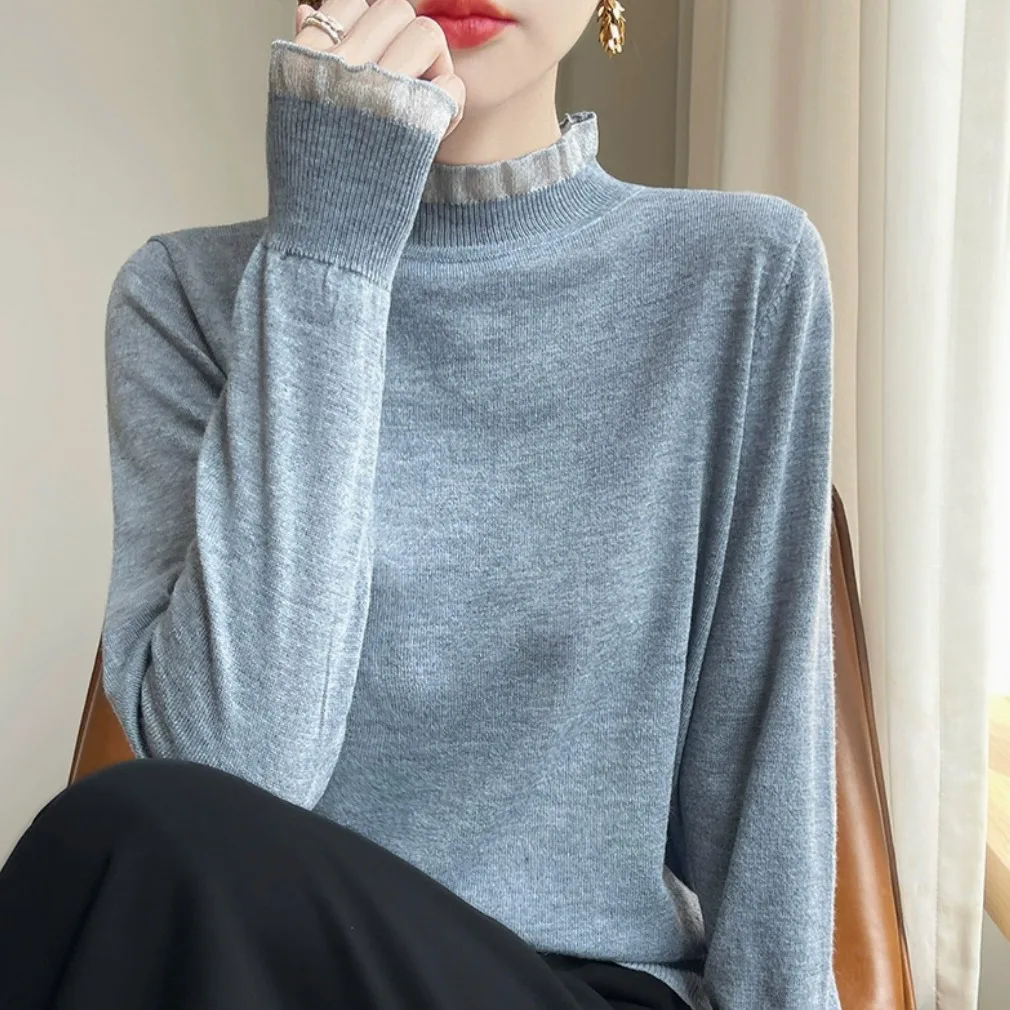 Outlet Lace Collar d Knitted Sweater Women's Semi High Collar Knitwear Bright Tead Spangled Polyester Rabbit Fur Blend