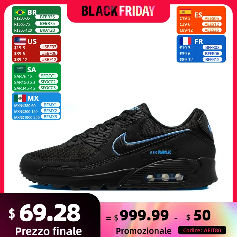 Nike black and blue color AIR MAX 90 men's running shoes shock-absorbing slip-resistant low-top casual sneakers