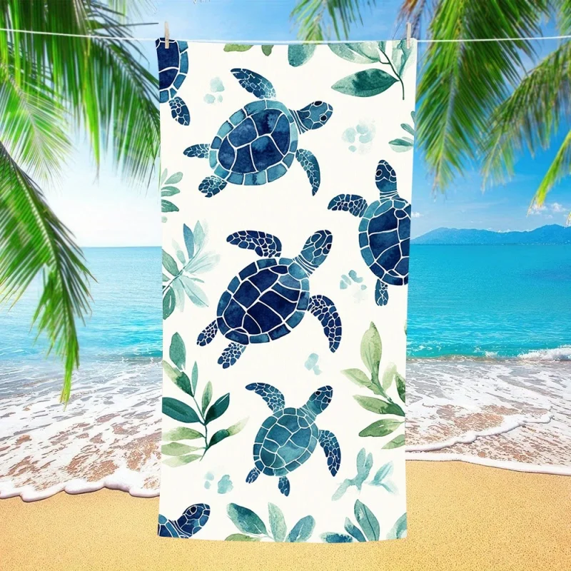 Navy White Line Art Sea Turtle Dolphin Coral Beach Towel Quick Dry Sandproof Towel Marine Theme Pool Travel Towel