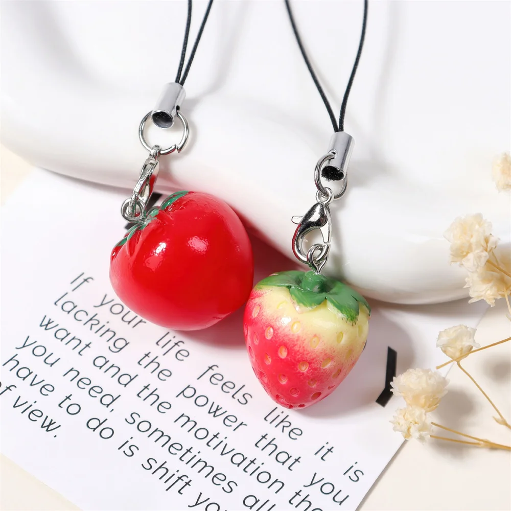 1/2pcs Red Strawberry Tomato Keychain Resin Fruit Charm Key Chain Cute Pendant for Phone Case Bag Daily Gift for Women