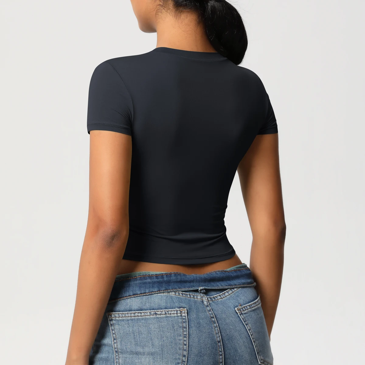 Frauen Sport Shirt Kurzarm Gym Top Workout Kleidung Hohe Elastische Active Wear Femme Lauf Zubehör Fitness T-shirt – Detail 19