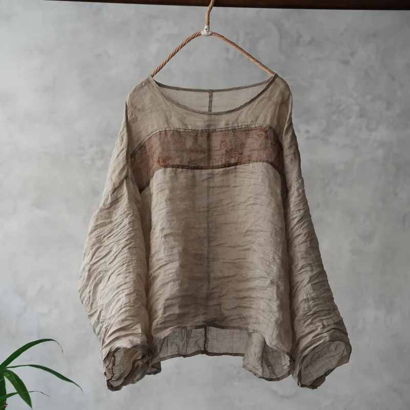 2026 Summer New — 100% Ramie Vintage Color-Block Relaxed Fit Long Sleeve Casual Top
