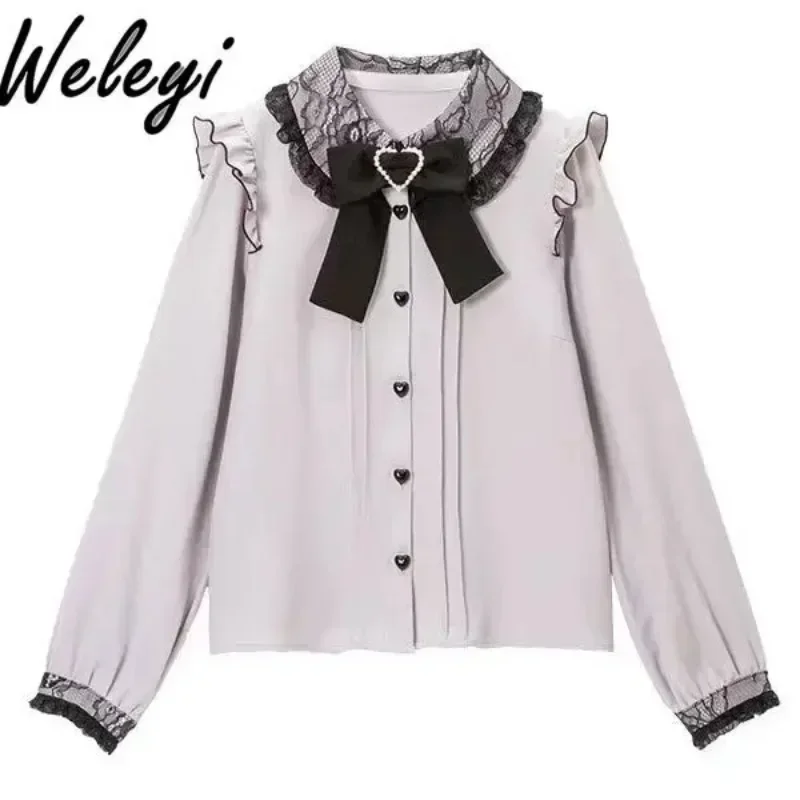 Jirai Kei Lolita-Chemise Japonaise à Manches sulfpour Femme, Haut Doux, avec Nministériels d, PoinDentelle, à la Mode, Printemps et Automne, 2024