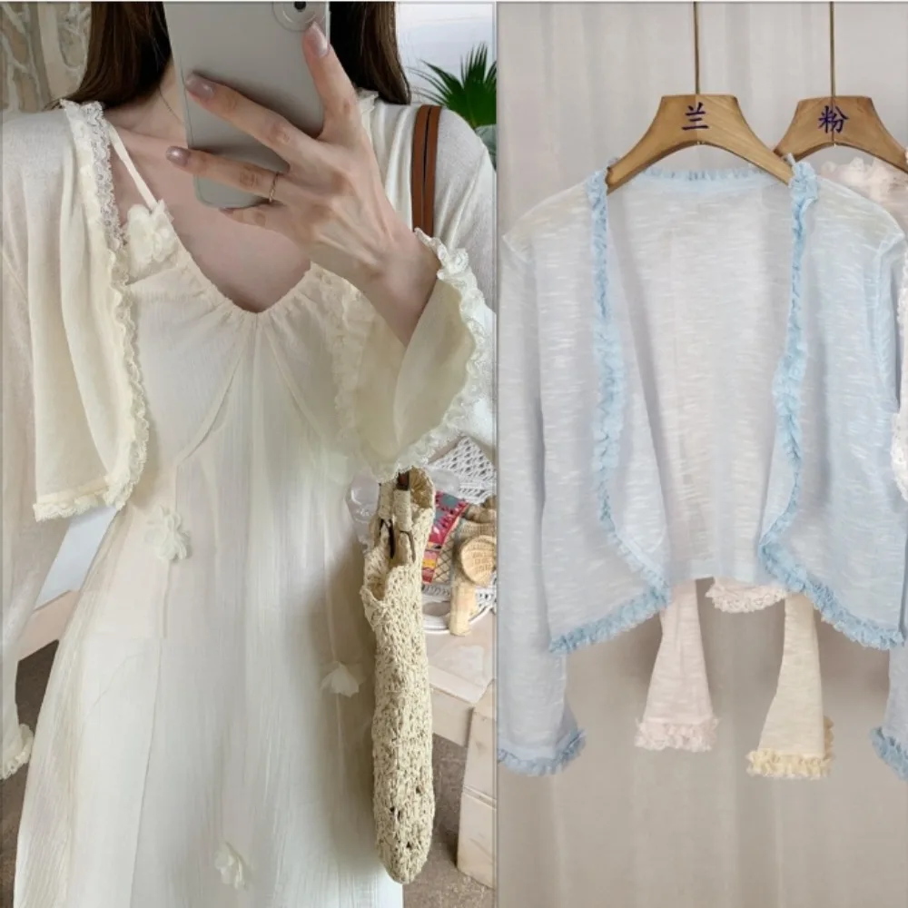 

Милый кружевной кардиган, женский короткий стильный вязаный тонкий солнцезащитный топ, шаль