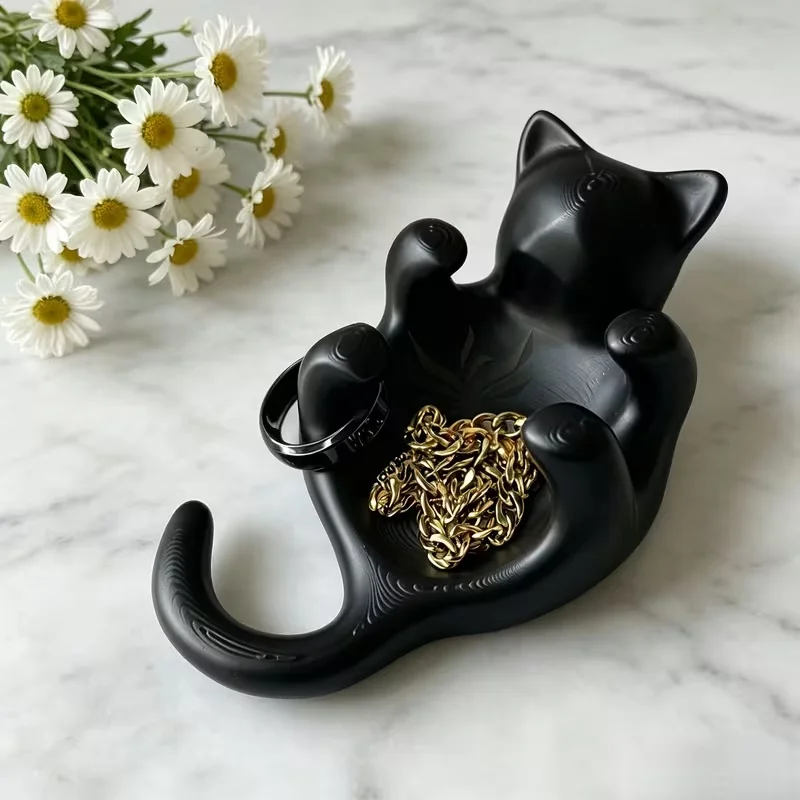3D Printed Matte White Lying Cat Jewelry Tray Cute Kitten Shaped Minimalist Trinket Storage Dish Desktop Vanity Aesthetic Decor