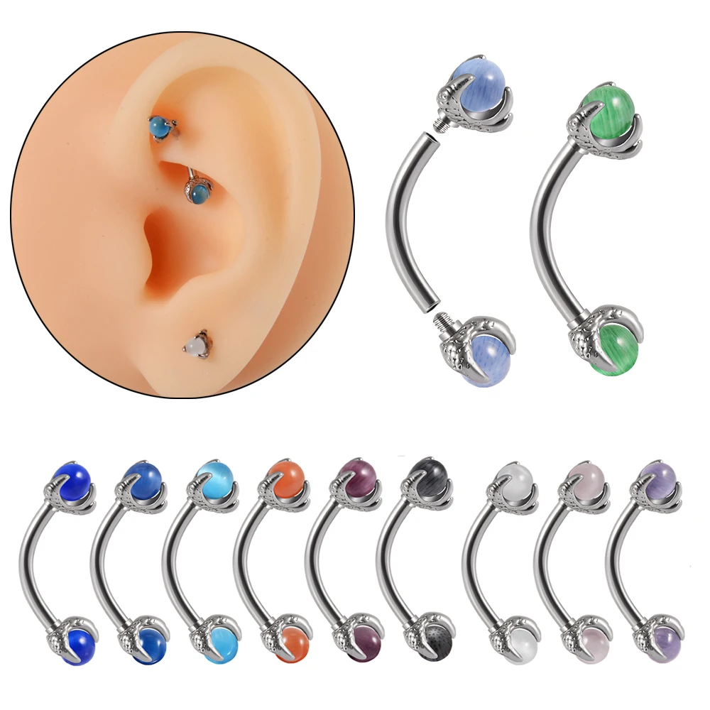 1PC 316L Surgical Steel Dragon Claw Stone Curved Barbell Ring Opal Eyebrow Ring Rook Piercing Ear Tragus Daith Piercing Jewelry