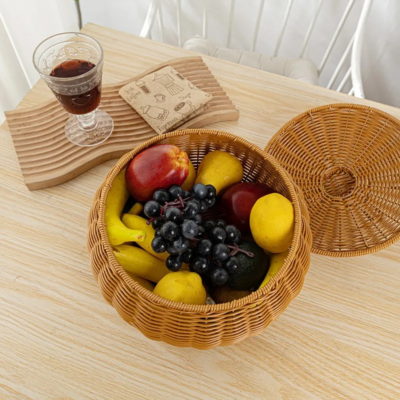 Imitation rattan woven with lid storage tank living room kitchen storage basket steamed bread egg basket tea can