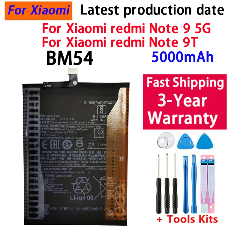 

Battery High Qulity BM54 Battery For Xiaomi redmi note9 5G / Note 9T MTK800U 5000mAh Battery Batteries With Free Tools