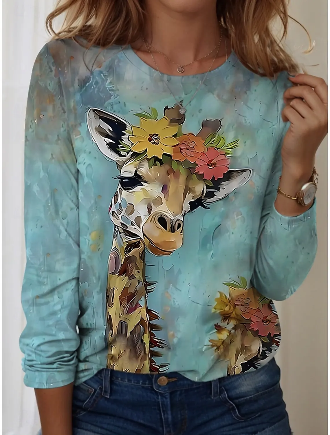 

Women's T-Shirts Graphic Animal Giraffe Tees Fashion Stylish Long Sleeve T-shirts O-Neck Regular Tops Summer Casual Pullover