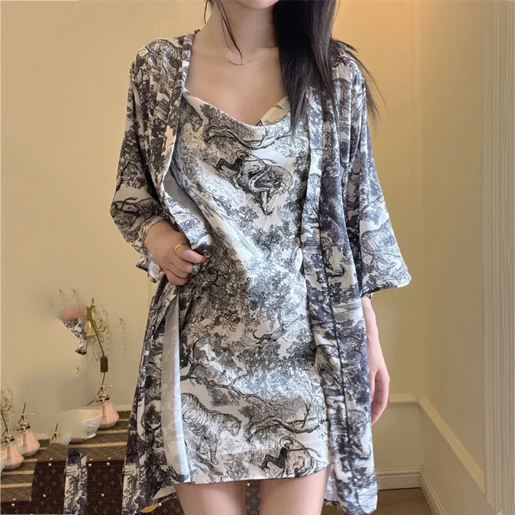 

Swinging Collar Chemise Nightgown Sleepwear Sexy Print Nighty&robe Set Nightwear Bathrobe Loose Satin Home Dress Lingerie