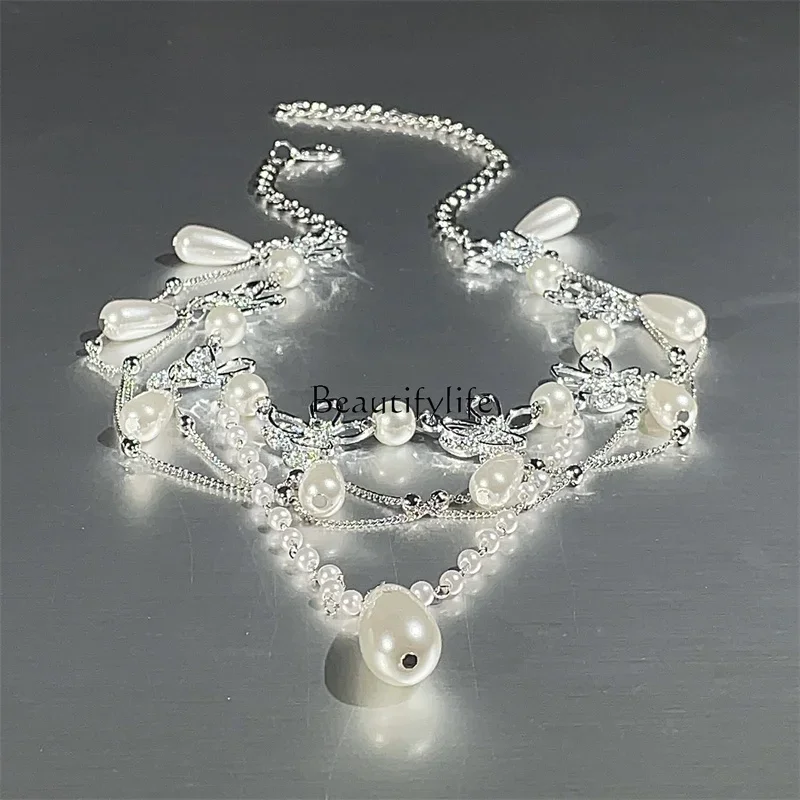 

Hollow butterfly zircon water drop fringed pearl necklace women's French light luxury premium collarbone chain