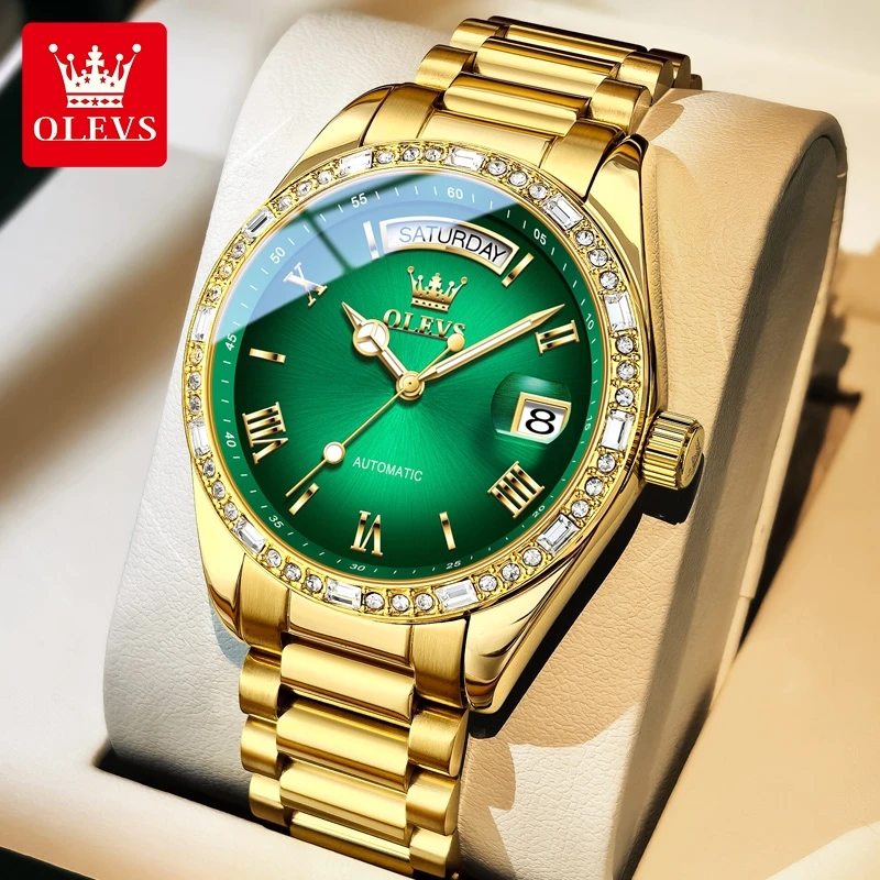 OLEVS 6747 Luxury Brand Men's Watches Original Stainless Steel Diamond Bezel Calendar Waterproof Automatic Mechanical Wristwatch