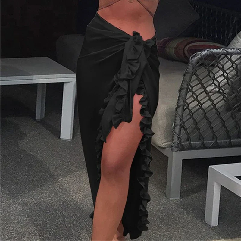 Kadın şifon See-Through plaj Bikini Cover Up Wrap eşarp mayo Pareo Sarong elbise katı fırfır rahat plaj elbise