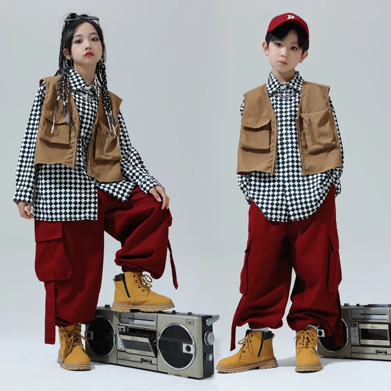 Kids Hip Hop Clothing Plaid Shirt Casual Khaki Vest Red Pants For Girl Boy Streetwear Dance Costume Teenage Ballroom JazzClothes