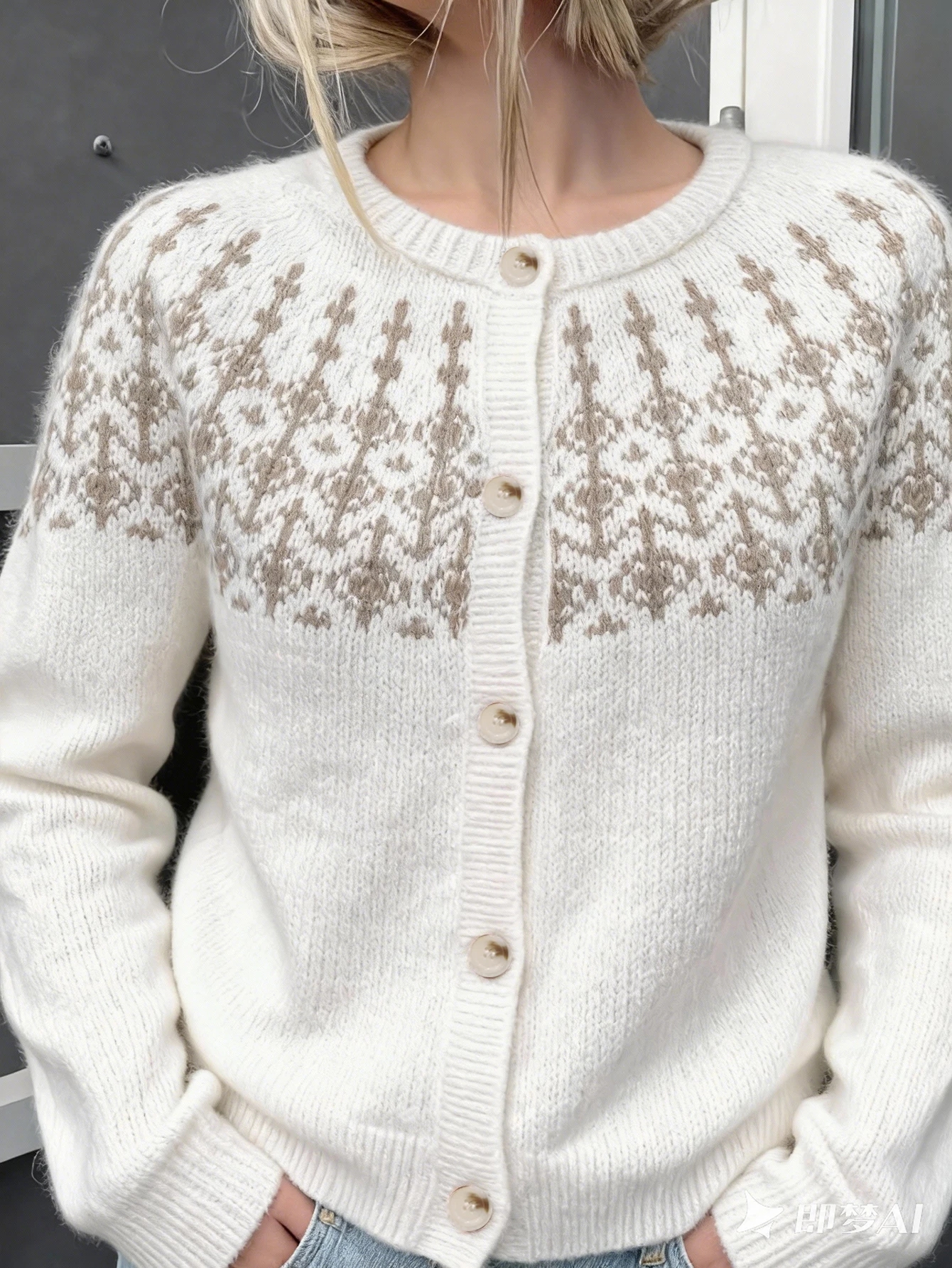 

Осень и зима Новый нишевый вязаный кардиган для женщин, дизайн с ленивым стилем, свитер-куртка, белый геометрический узор, приталенный кардиган с круглым вырезом, повседневная и элегантная осенне-зимняя куртка, базовый стиль для городских поездок на работ