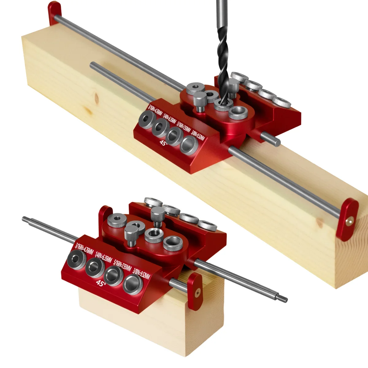 30°/45°/90° Aluminum Pocket Hole Jig Kit, Multi-Angle Drill Guide Set  With Dual Extension Positioning Rods for Woodworking DIY