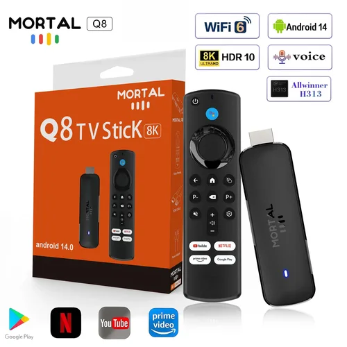 TV Stick Mortal Q8 Android 14 con WIFI 6, control por voz, video 8K, Allwinner H313, Netflix, YouTube, TV Box, transmisión de TV en vivo gratis