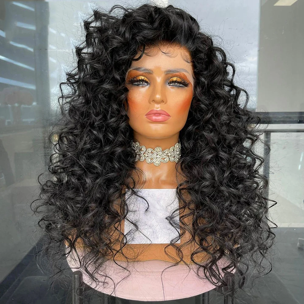 

Black Long Soft 180Density Glueless Kinky Curly Lace Front Wig For Women BabyHair 26Inch Long Heat Resistant Preplucked Daily