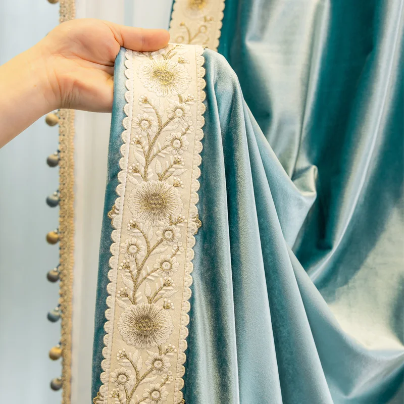 

luxury French modern cream lace curtains lace gauze blue thick velvet cloth blackout curtain tulle drape C2196