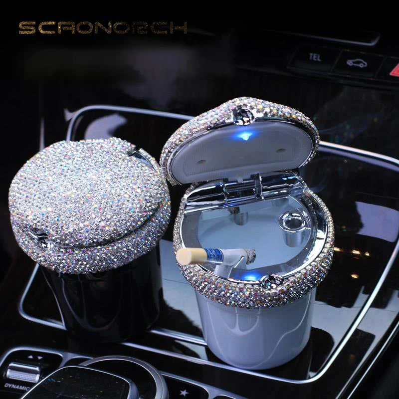 Sparkling Rhinestone Car Ashtray With LED Light Alloy Ash Tray Smokeless Auto Ashtray Car Cup Holder Cigarette Accessories