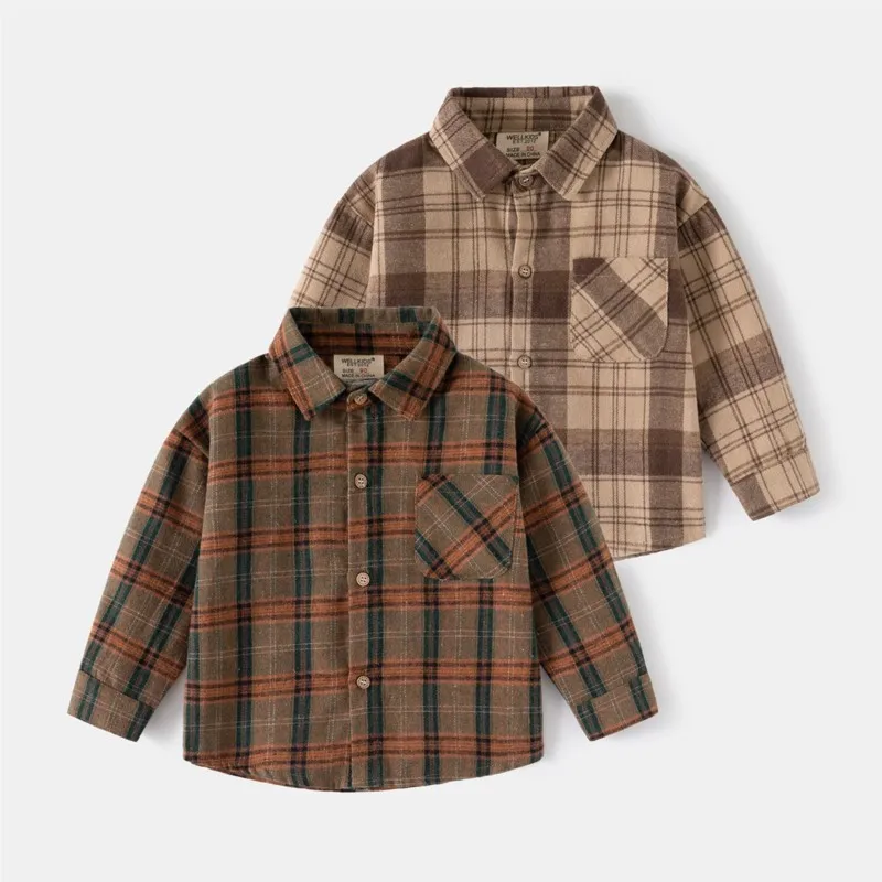 

New Kids Baby Boys T-shirts Korean Autumn Infant Boys Plaid Outwear Tops Loose Turn Down Collar Patchwork Pocket Little Boy Coat