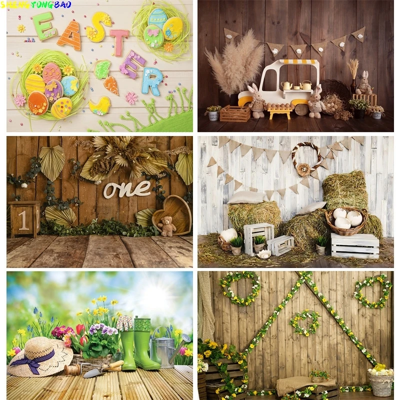 

Vinyl Custom Green Spring Easter Day Photography Backdrops Props Hare Rabbits Colorful Eggs Wood Photo Studio Background FJ-02