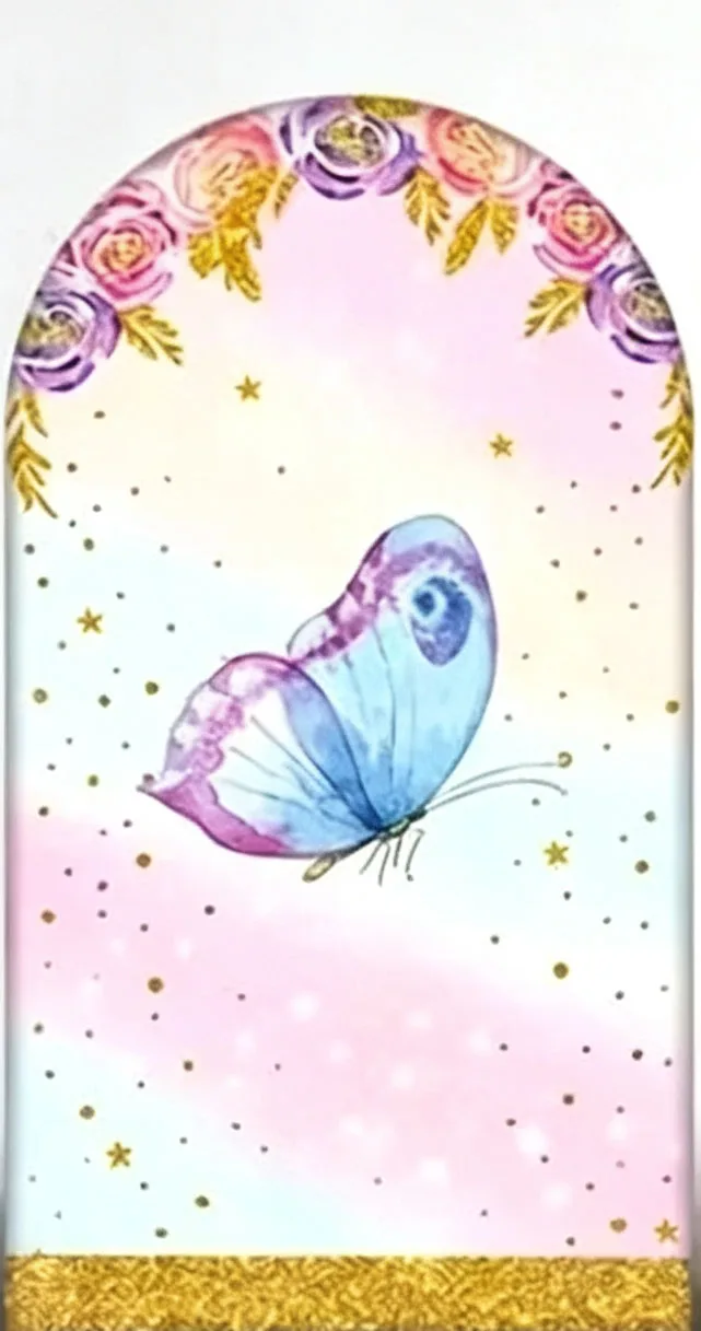 Custom 2-Side A Little Butterfly Is On The Way Baby Shower Arch Backdrop Cover Pink Purple Gold Floral Gender Reveal Decor