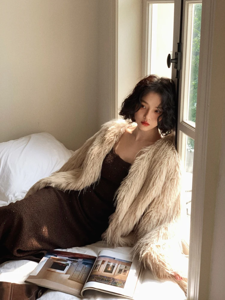 

Slimming Effect Long Plu ort Coat Autumn Winter New Sle Environmentally Friendly Faux Fur Hong Kong Sle Women's Jaet