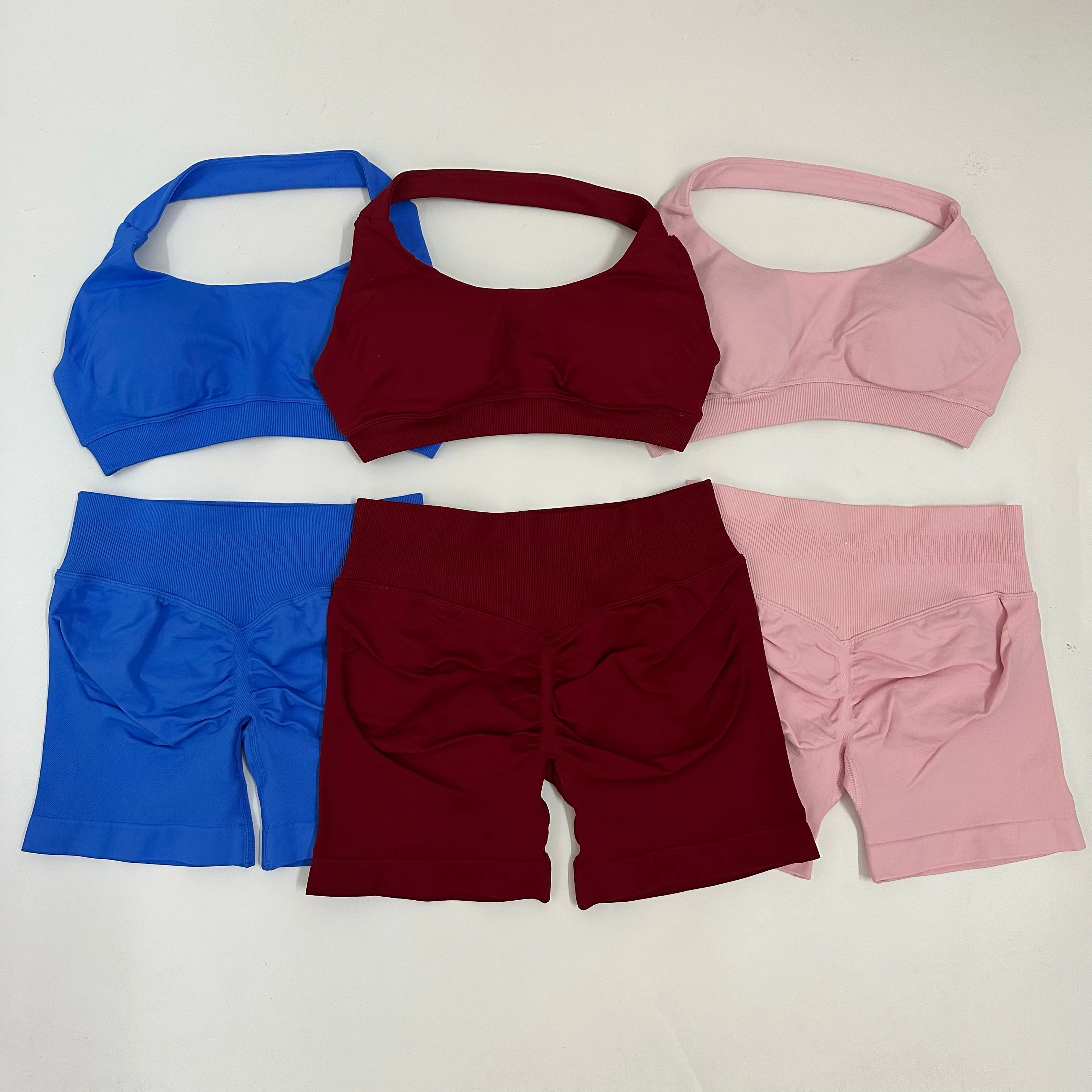 Yoga Seamless Yoga Set Women Fitness Clothing Summer Sportswear Scrunch Gym Shorts Halter Sports Bra 2Piece Sports Suits
