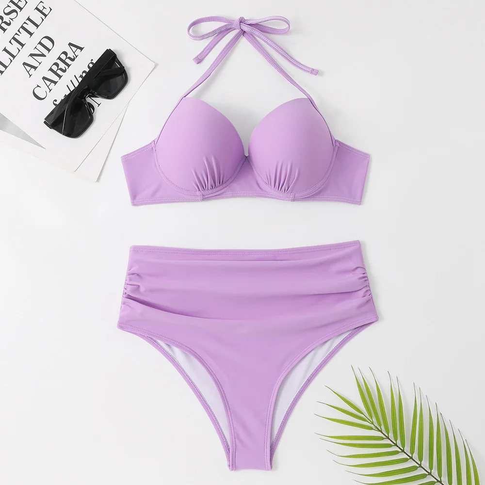 Conjunto de Bikinis de cintura alta para mujer, traje de baño de dos piezas con Push-Up, Halter, Espalda descubierta, ropa de playa Sexy, Tanga