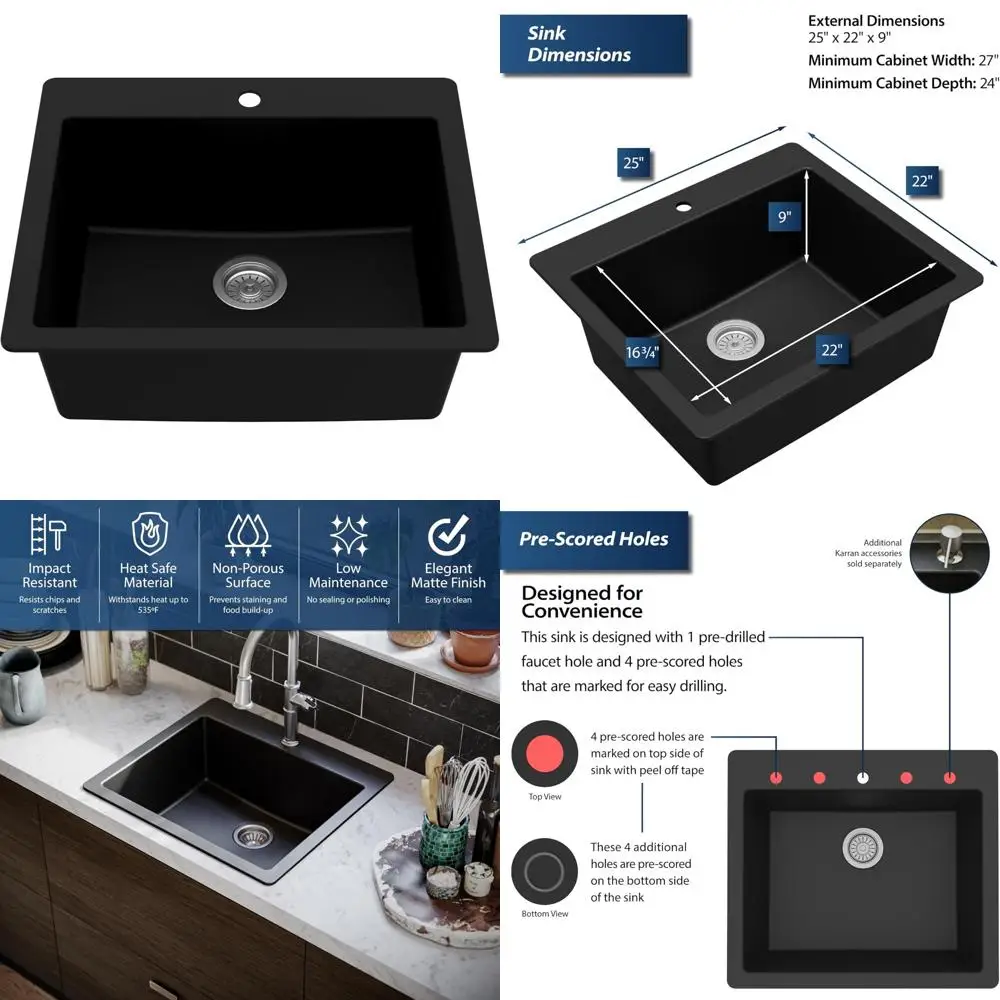 

Karran QT-820 Top Mount Single Bowl Black Quartz Kitchen Sink, 25 inches