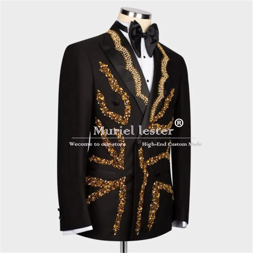 Sparkly Crystals Beaded Wedding Tuxedos Double Breasted 2 Pieces Set Groom Formal Party Prom Blazers Customized Suits Men Luxury