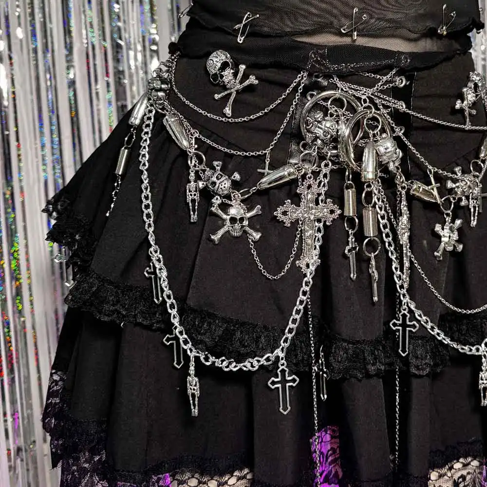 パンクロック ハンドメイド DIY ゴスチェーン ティーン ゴシック スカート グランジ 90年代 クラブウェア Y2K Eガールズ 原宿系 カワイイ エモ クロス スカル エコ