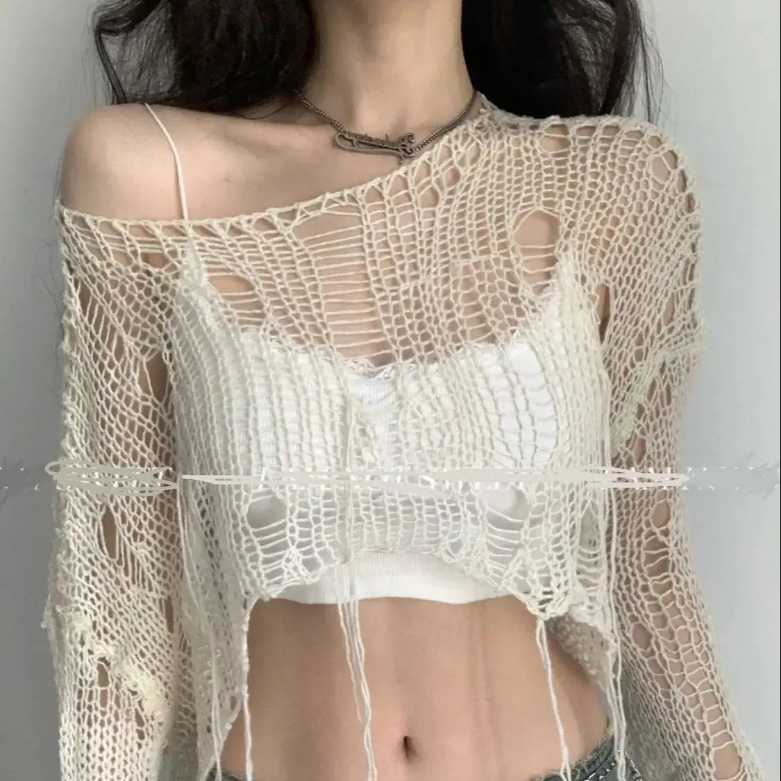 Tshirt Knit Hollow Tattered Out Knitwear Cropped Sweater Spring Short Networks Jumper Vintage Korean Women\'S Fashion Y2K