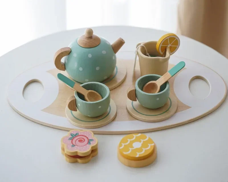 High Quality Wooden Simulate Furniture tea set Dessert Afternoon Tea cookie Play house Interactive Toys baby girl Christmas gift