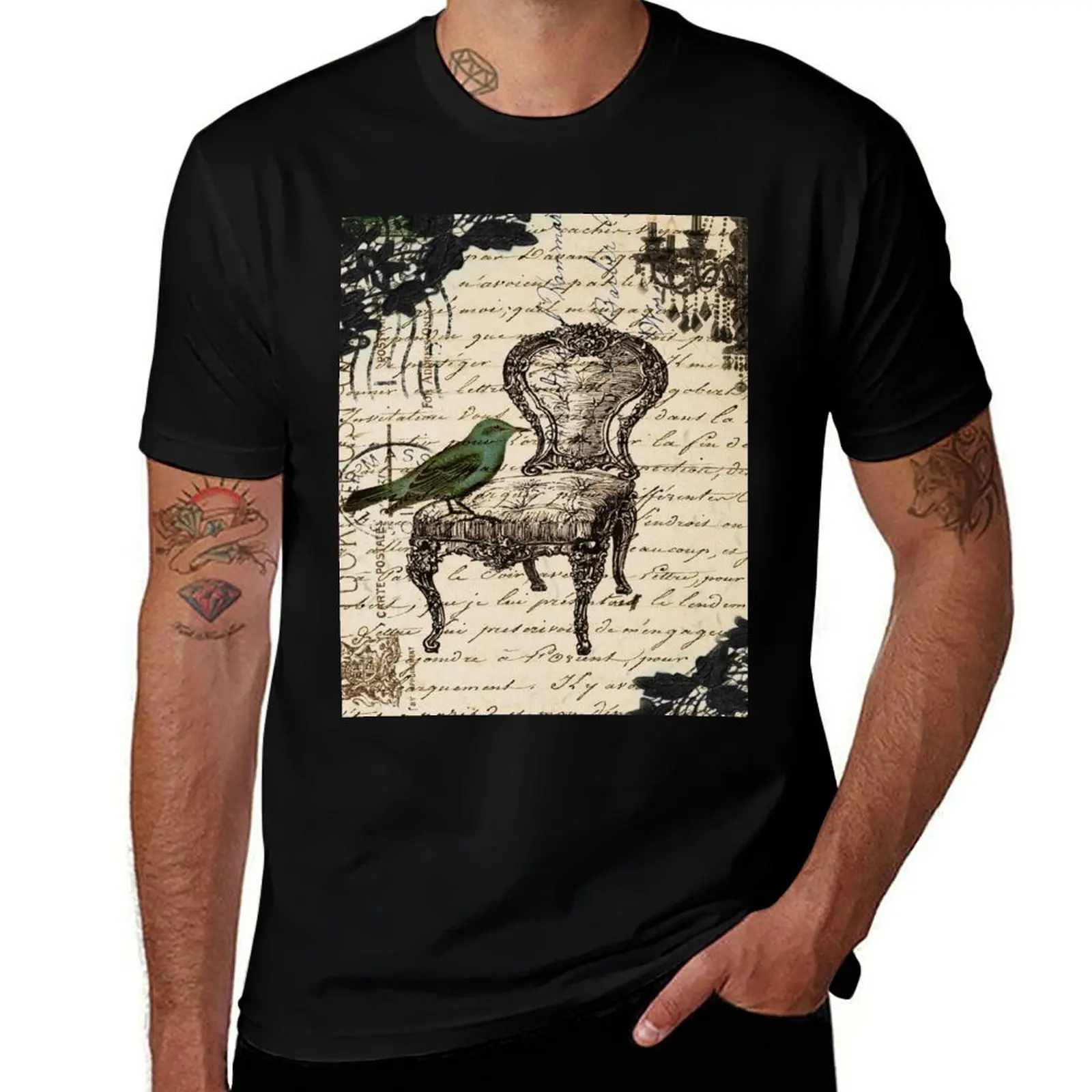 cottagecore shabby chic vintage scripts french chair chandelier T-Shirt man t shirts for men T-Shirt