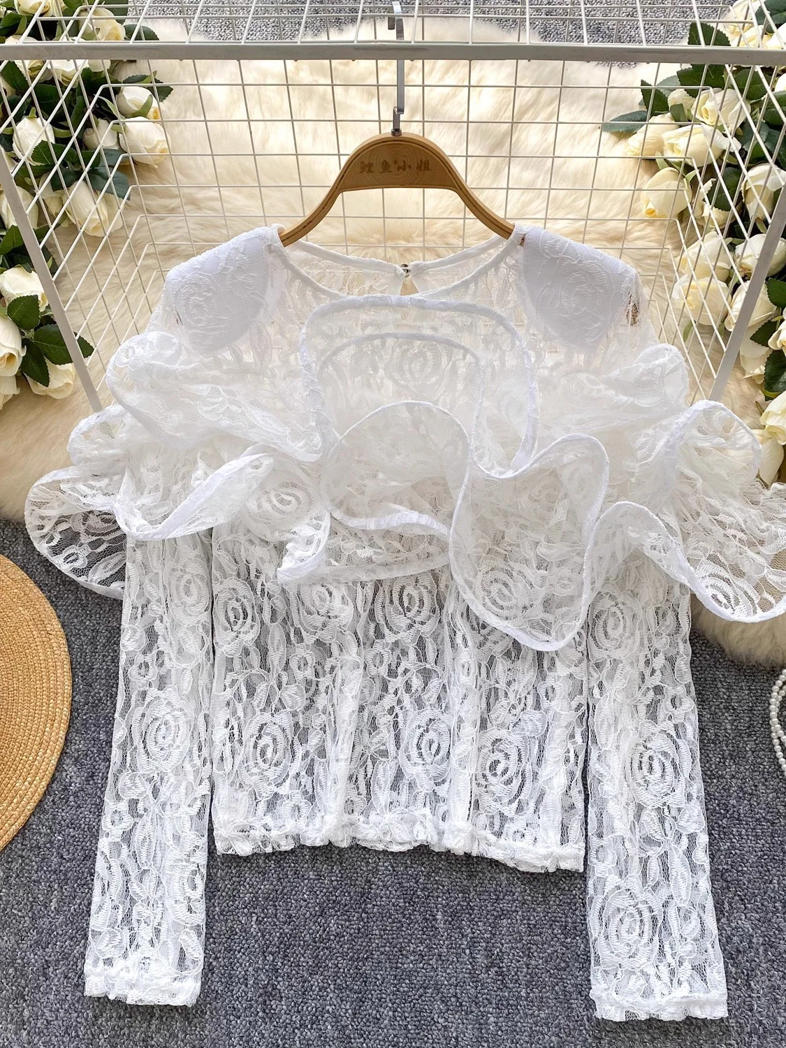 Spring Autumn Women Lace Blouse Sexy Black/White See Through Ruffle Shirt Elegant O-Neck Party Tops Blusas New Fashion 2026