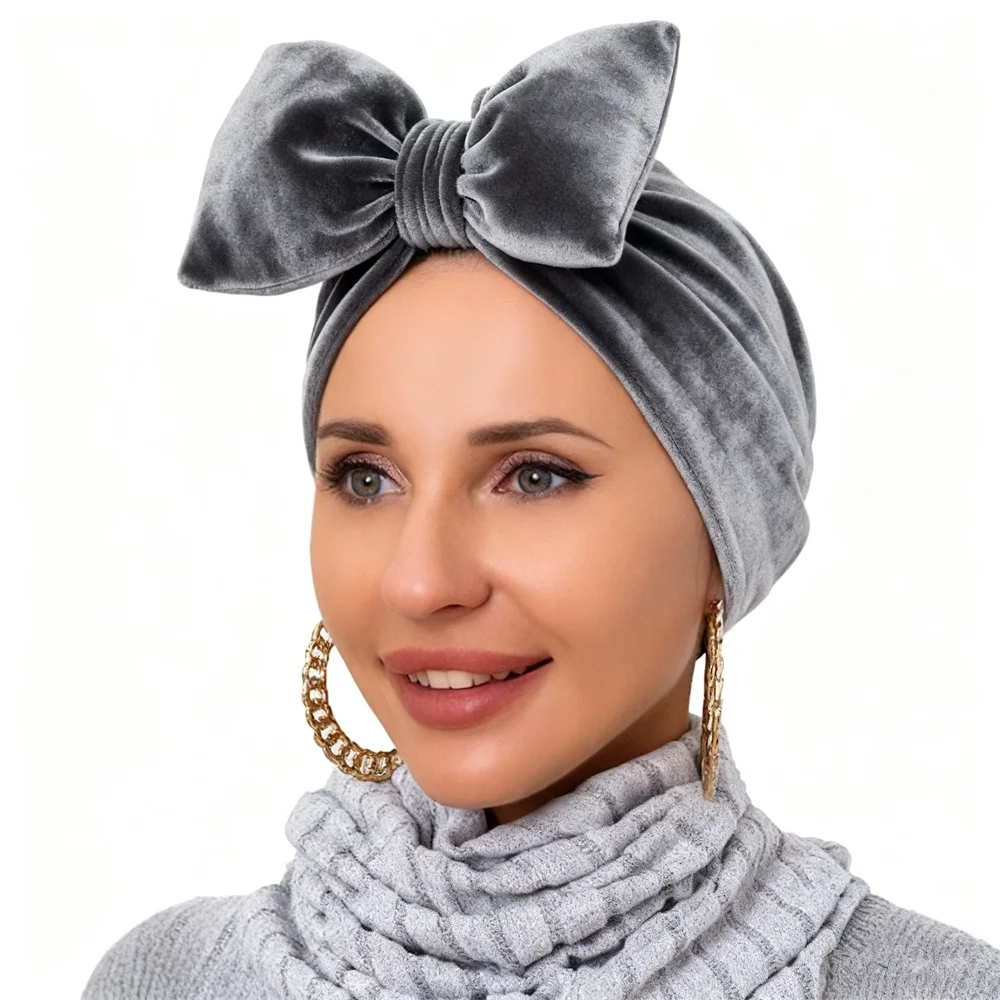 

Warm Bow Hat Velvet Turban Women Muslim Hijab Cap Beanies Bonnet Hair Loss Headscarf Headwrap Bandanas Headband Turbante Mujer