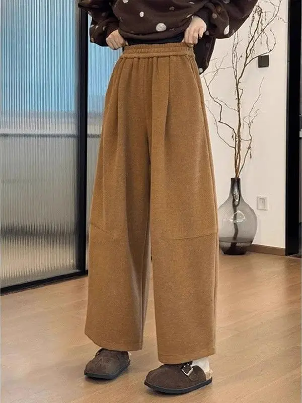 Pantaloni casual da donna taglie forti Bananas Fce foderati 9 punti Thi pantaloni a gamba larga a vita alta comodi e morbidi in fibra di poliestere