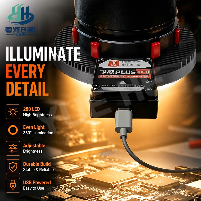 YCS Flying Saucer Plus Shadowless Microscope Light Stepless Dimmable LED Ring Lamp for Phone PCB Repair Microscope Accessory