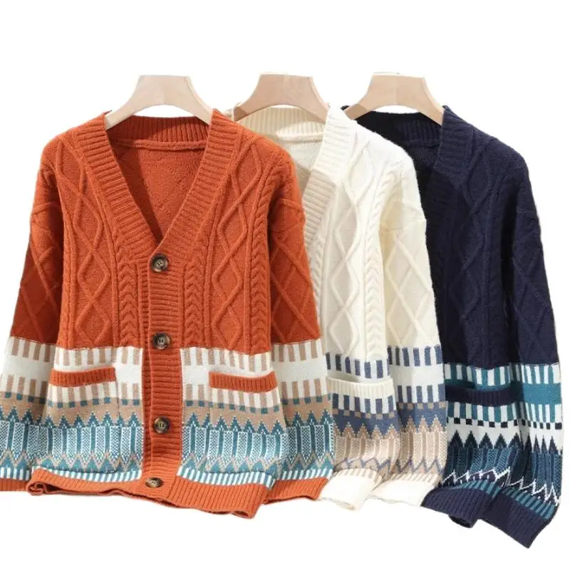 

Американский ретро лоскутный цветной открытый кардиган, свитер, свободная верхняя одежда для мужчин, зимний сезон, повседневная одежда, V-Ne