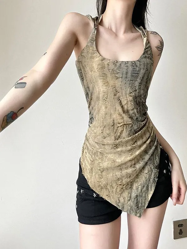 Verano 2025 Nuevo Sle Wasteland Diseño de agujero doblado Sombrero pequeño Irregular Svel Top Mujer Sweet Sle Slim Fit Polyes...