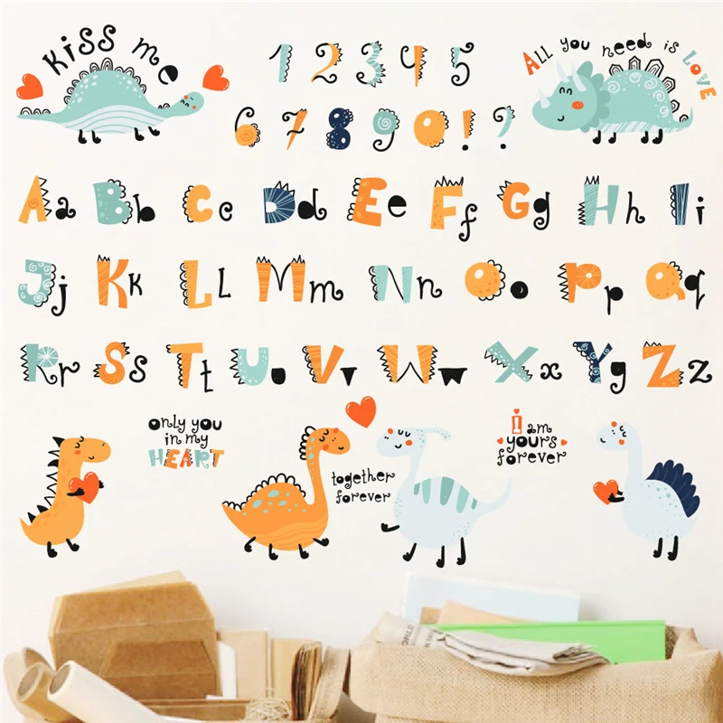 Lovely Dinosaurs Learning Numbers English Wall Stickers For Kids Room Decoration Alphabet Mural Art Home Decal Nursery Poster