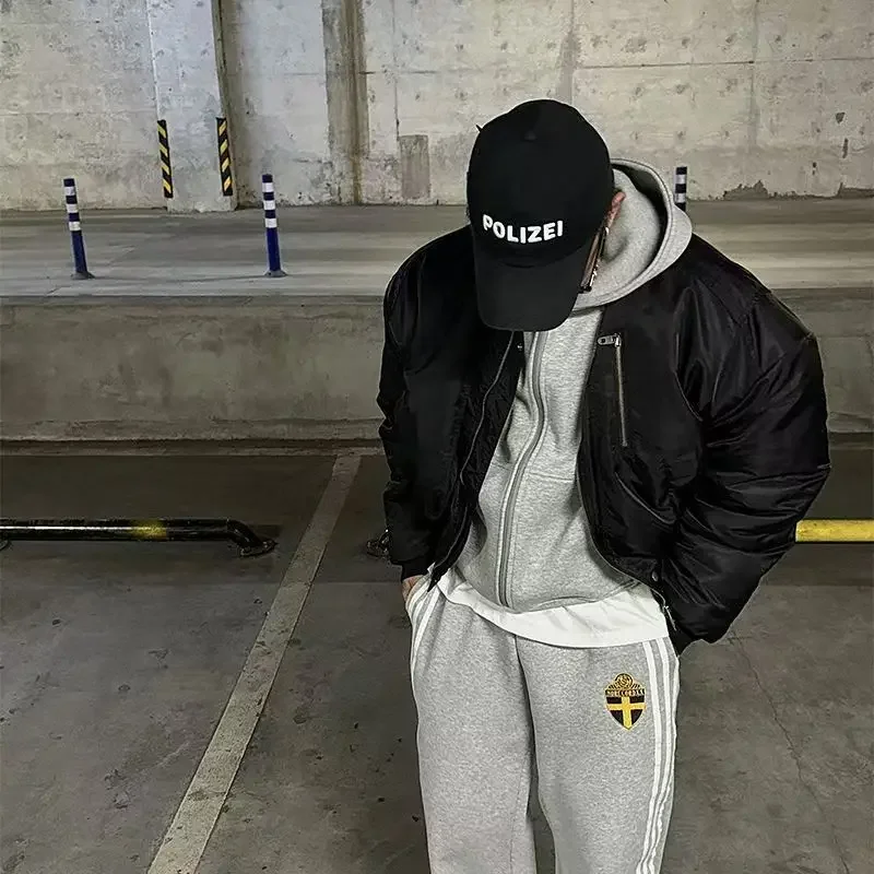 Set Sweater Hoodie Pria Dua Potong dengan Bordir Garis Retro dan Ritsleting, Set Sweater Oversize Bordir Hip Hood untuk Pria