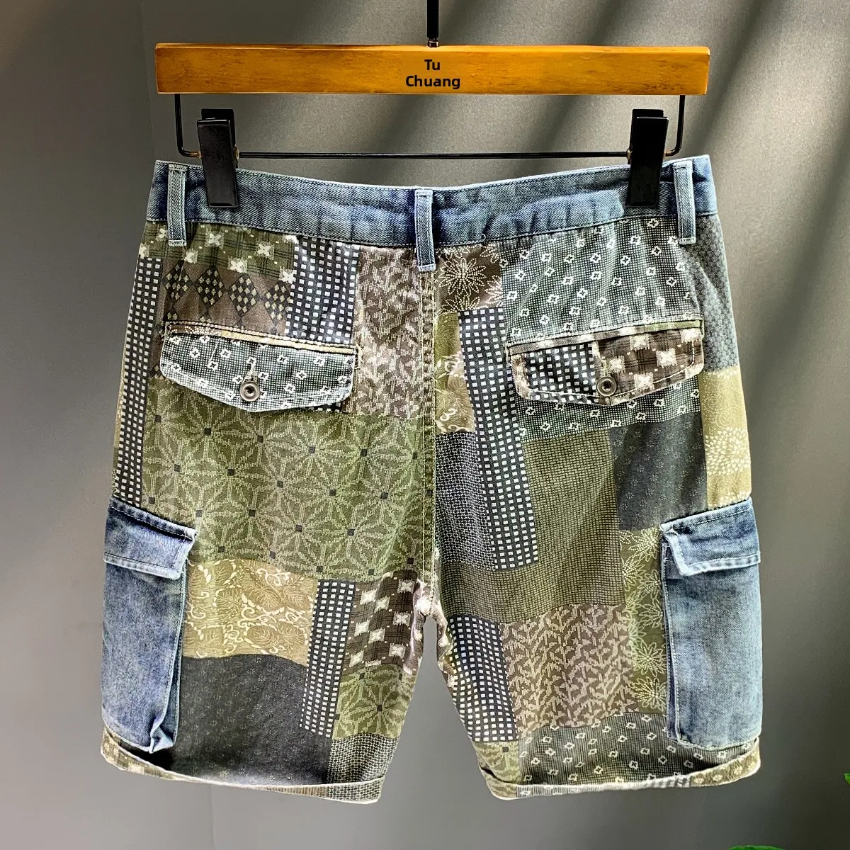Trendy Brand Men's Loose Straight Leg Jeans Shorts Casual Patchwork Print Workwear Five-Quarter Pants mid Waist High Waist