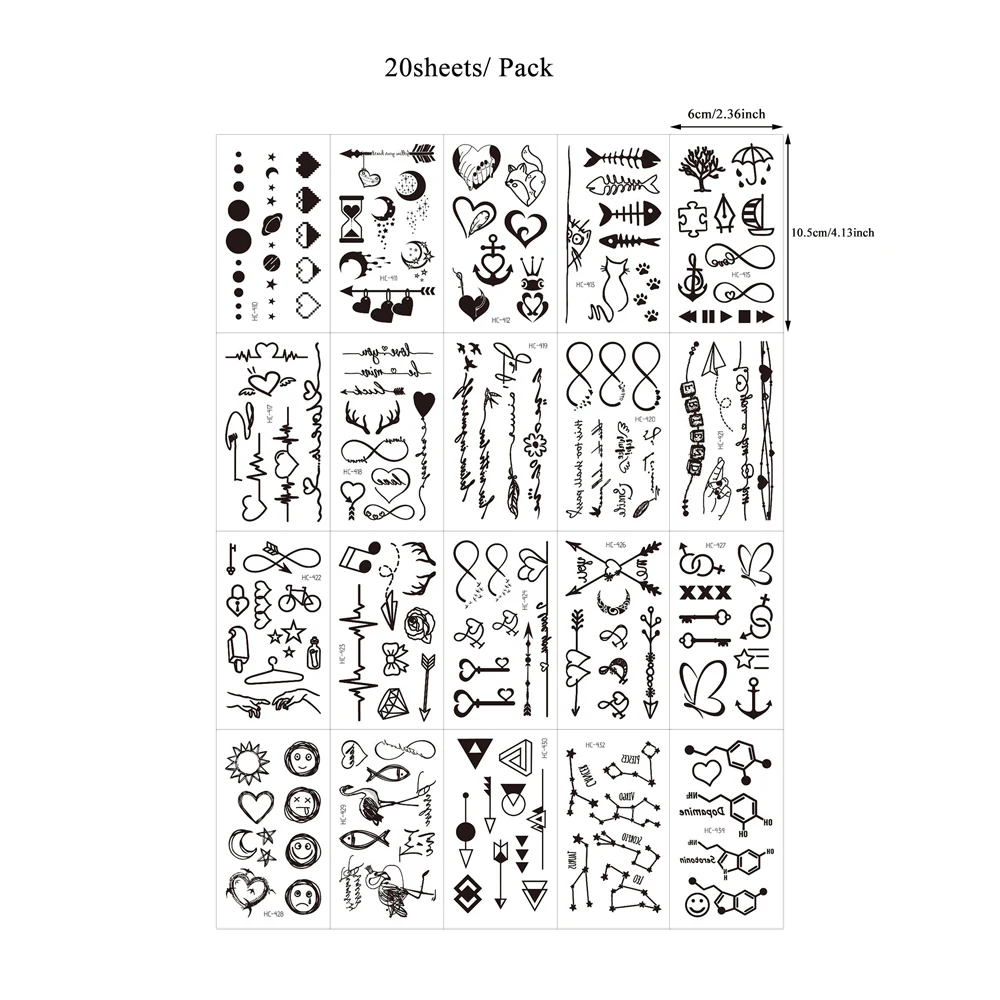 20 piezas tatuaje de mano negro para mujeres y hombres impermeable corazón amor mariposa Luna estrellas pez tatuaje falso para mano dedos cuello arte corporal
