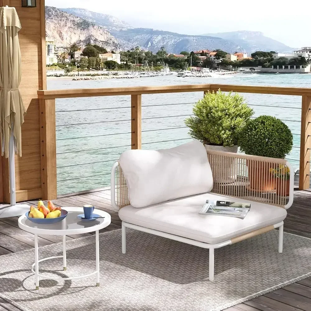 Oversized Metal Patio Furniture Set, 1-Seat Sofa with Cushion, Suitable for Indoor and Outdoor, White and Beige Mat (1 Seat, 2 A