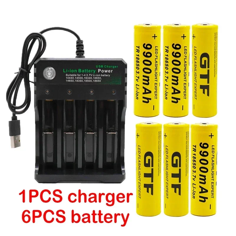 18650 Li-ion Battery 3.7V 9900mAh Standard Drain Rechargeable Cell with USB Charger for LED Flashlight Lamp Wholesale