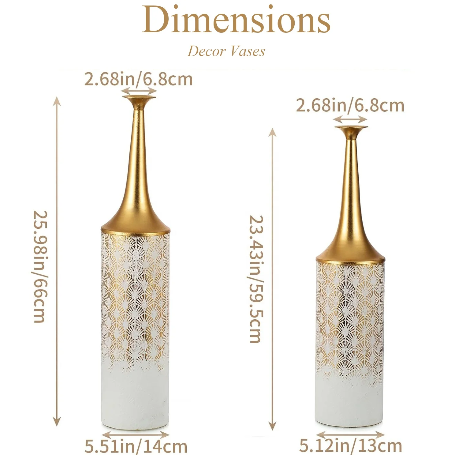 2 sets Handmade Tall Metal Floor Vases, White Gold Gradient with Ginkgo Pattern, Decorative Vases for Pampas Grass