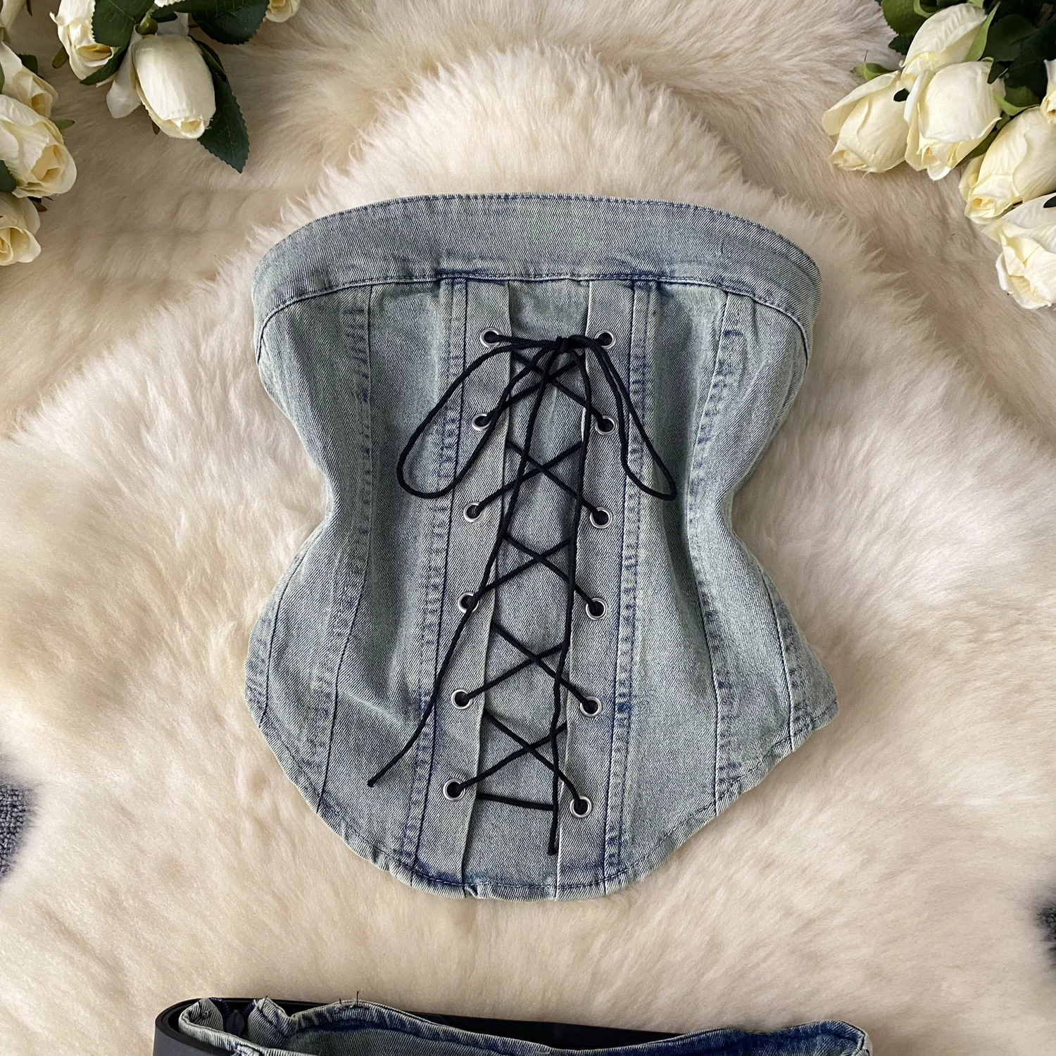 Women Denim Mini Skirts Suits Summer Bandage Short Strap Jeans Vest Tops And Mini Pleated Jeans Skirt Two-piece Sets